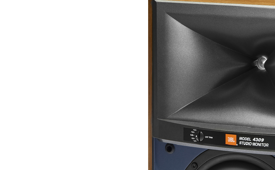 JBL 4309 6.5-inch (165mm) pure-pulp cone woofer in bass-reflex design with dual front-firing tuned ports. - Image